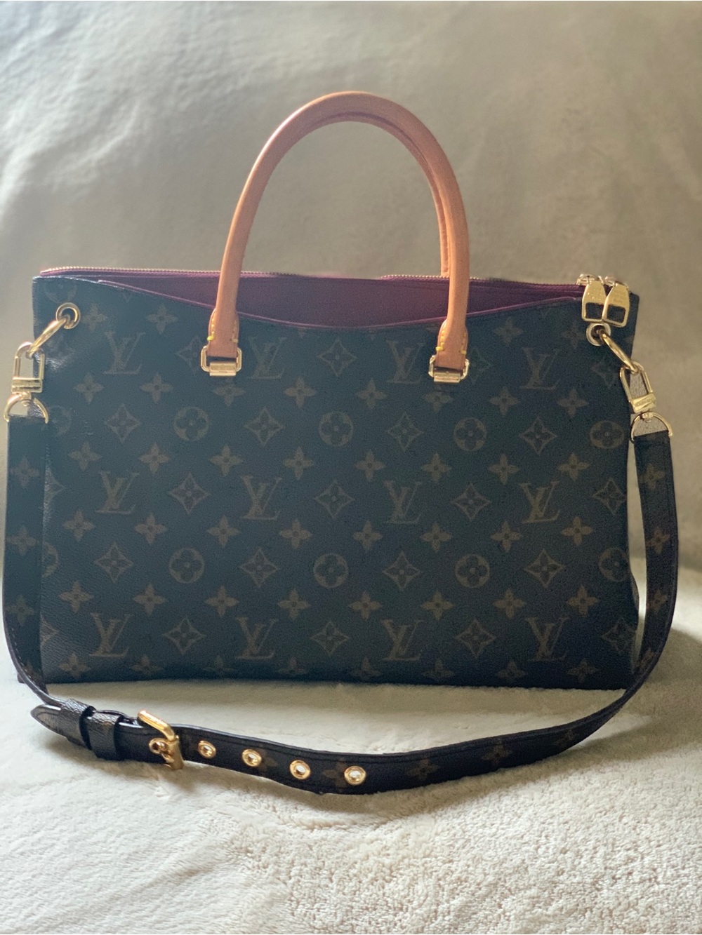 Louis Vuitton Monogram Canvas Hobo Bag with Tan Handles and Burgundy Interior
